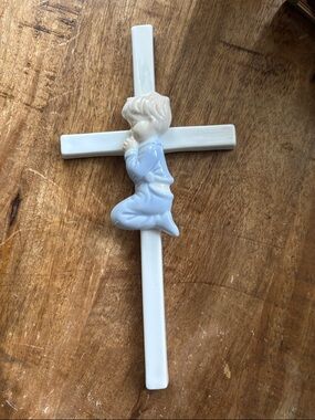 White Porcelain Wall Cross with Blue Praying boy